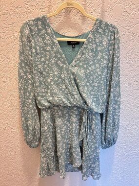 Aakaa Mint Green Floral Wrap Dress with White Print